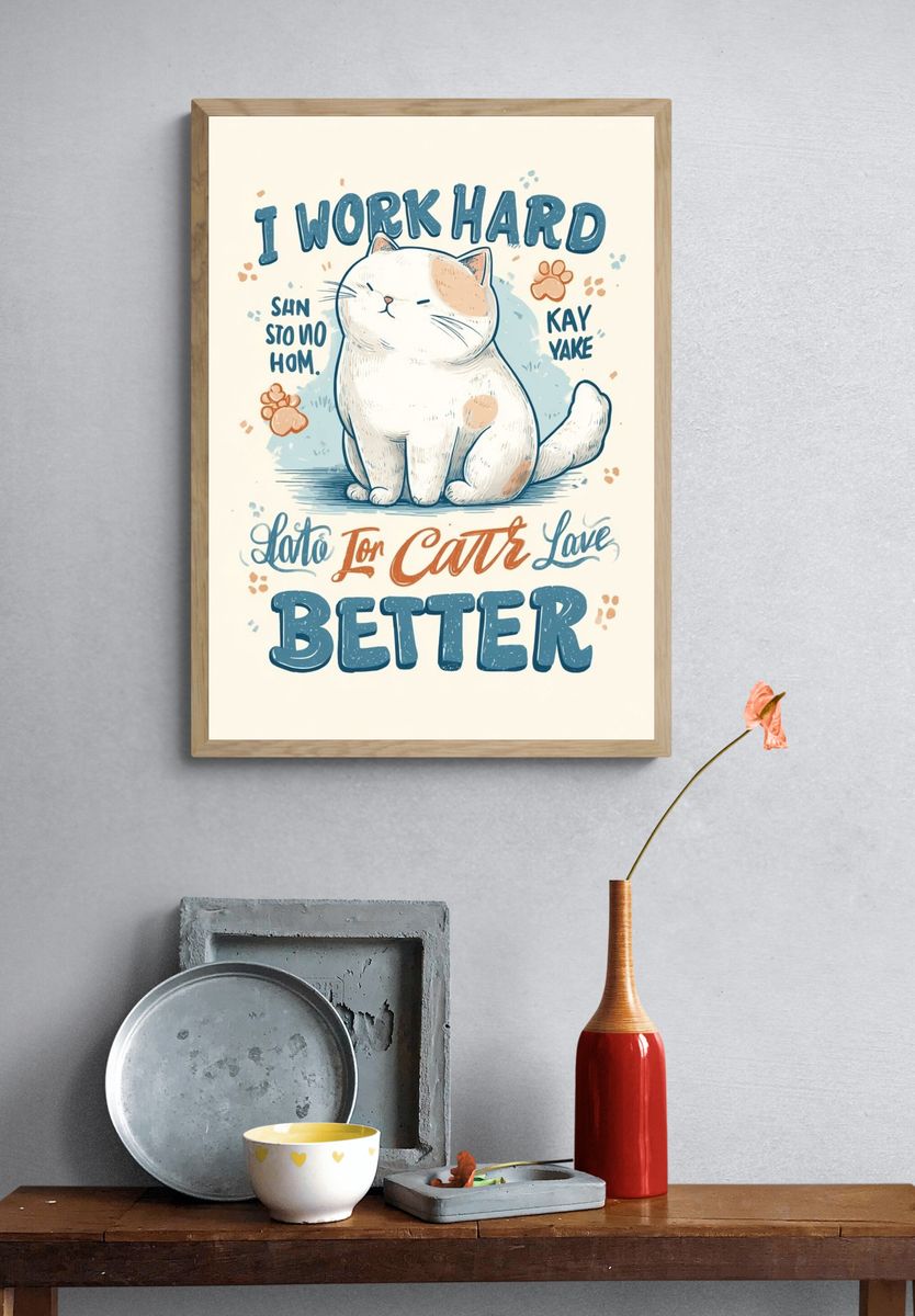 I Work Hard — Funny Cat Typography Print. — room view 3