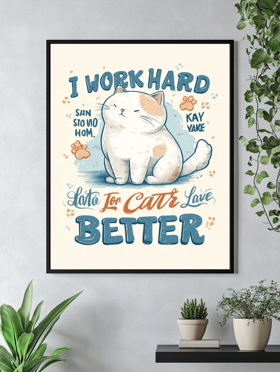 I Work Hard — Funny Cat Typography Print. — room view 4