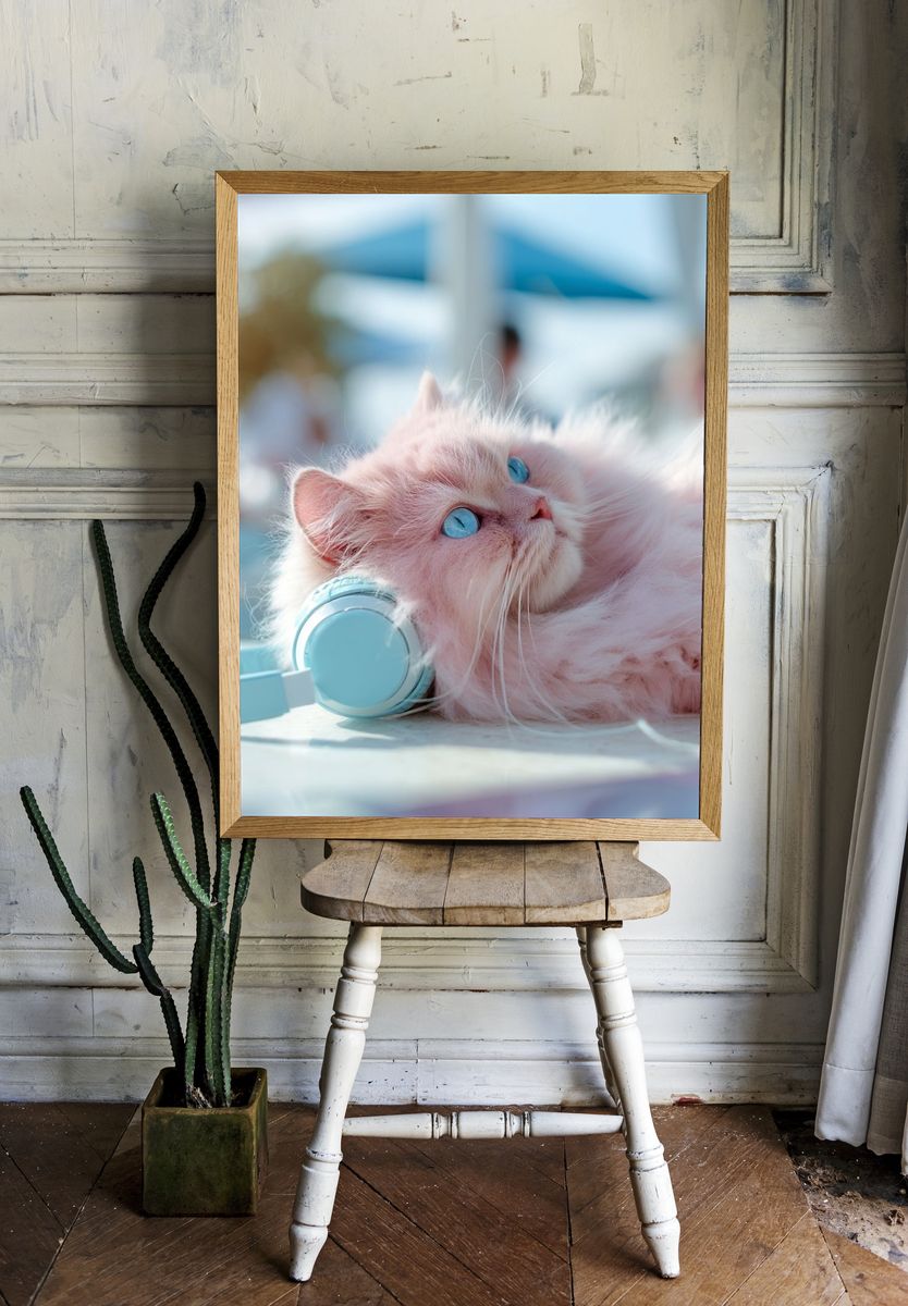 Pink Cat with Headphones Photography Poster. — room view 1