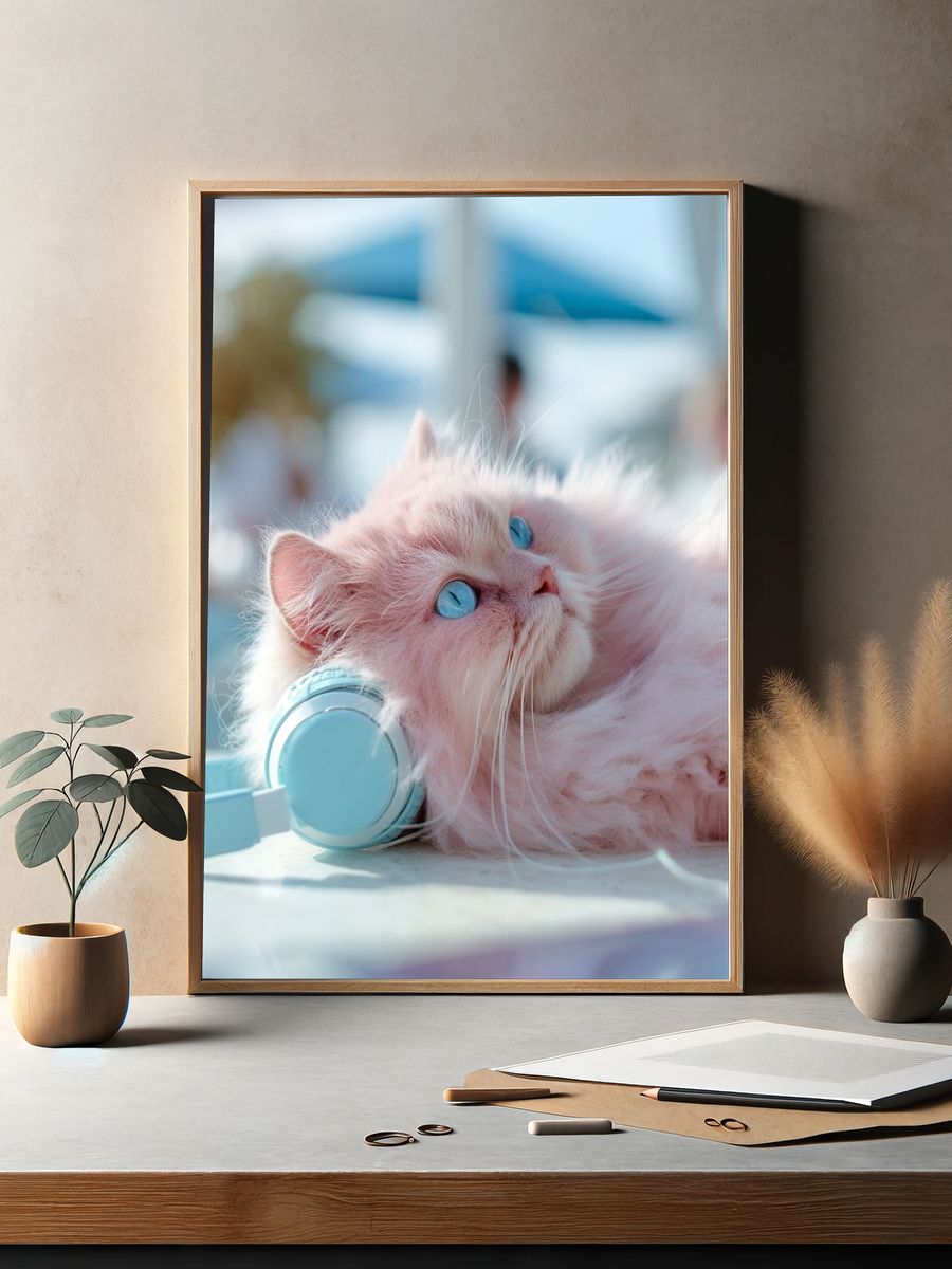 Pink Cat with Headphones Photography Poster. — room view 2