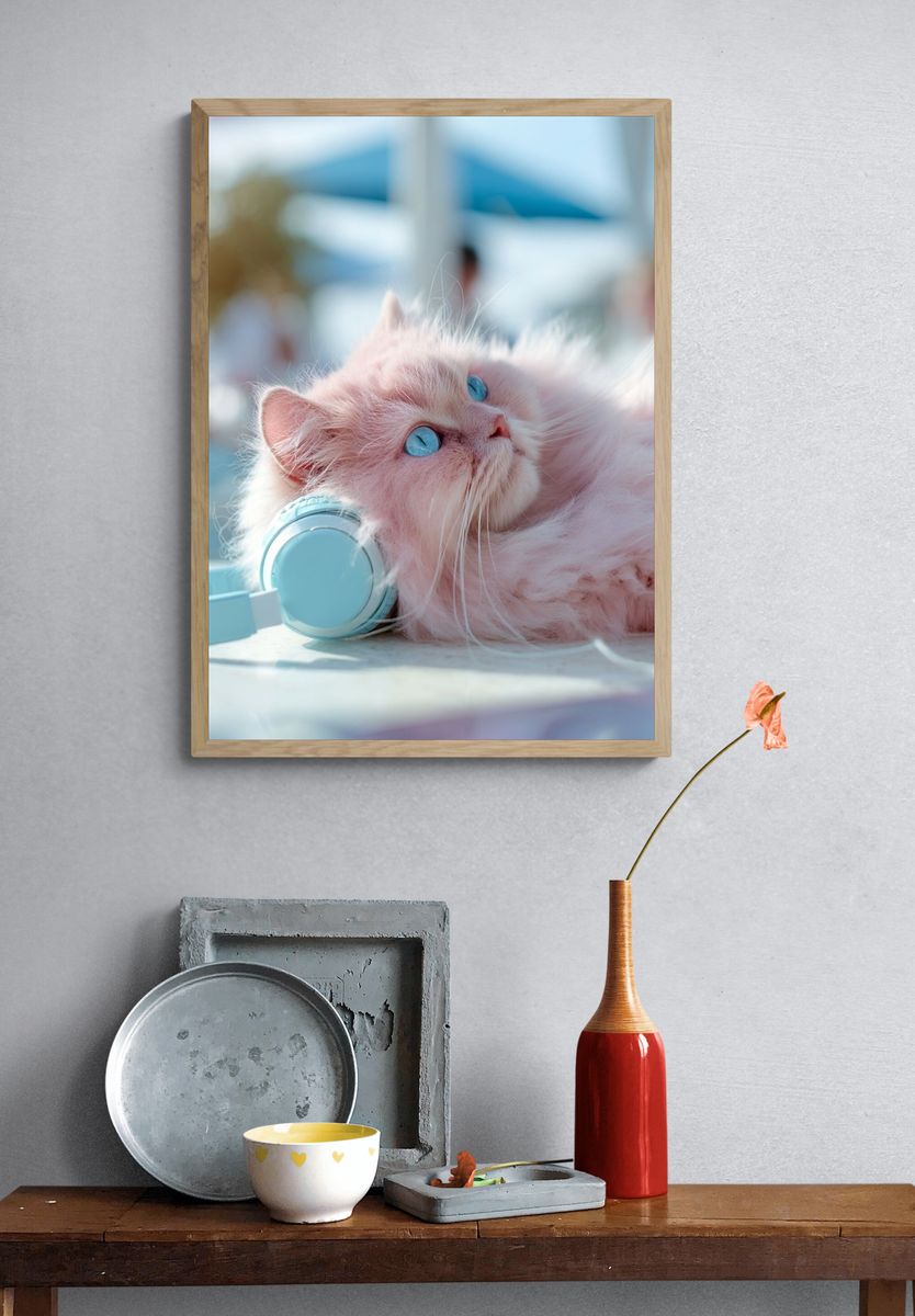 Pink Cat with Headphones Photography Poster. — room view 3