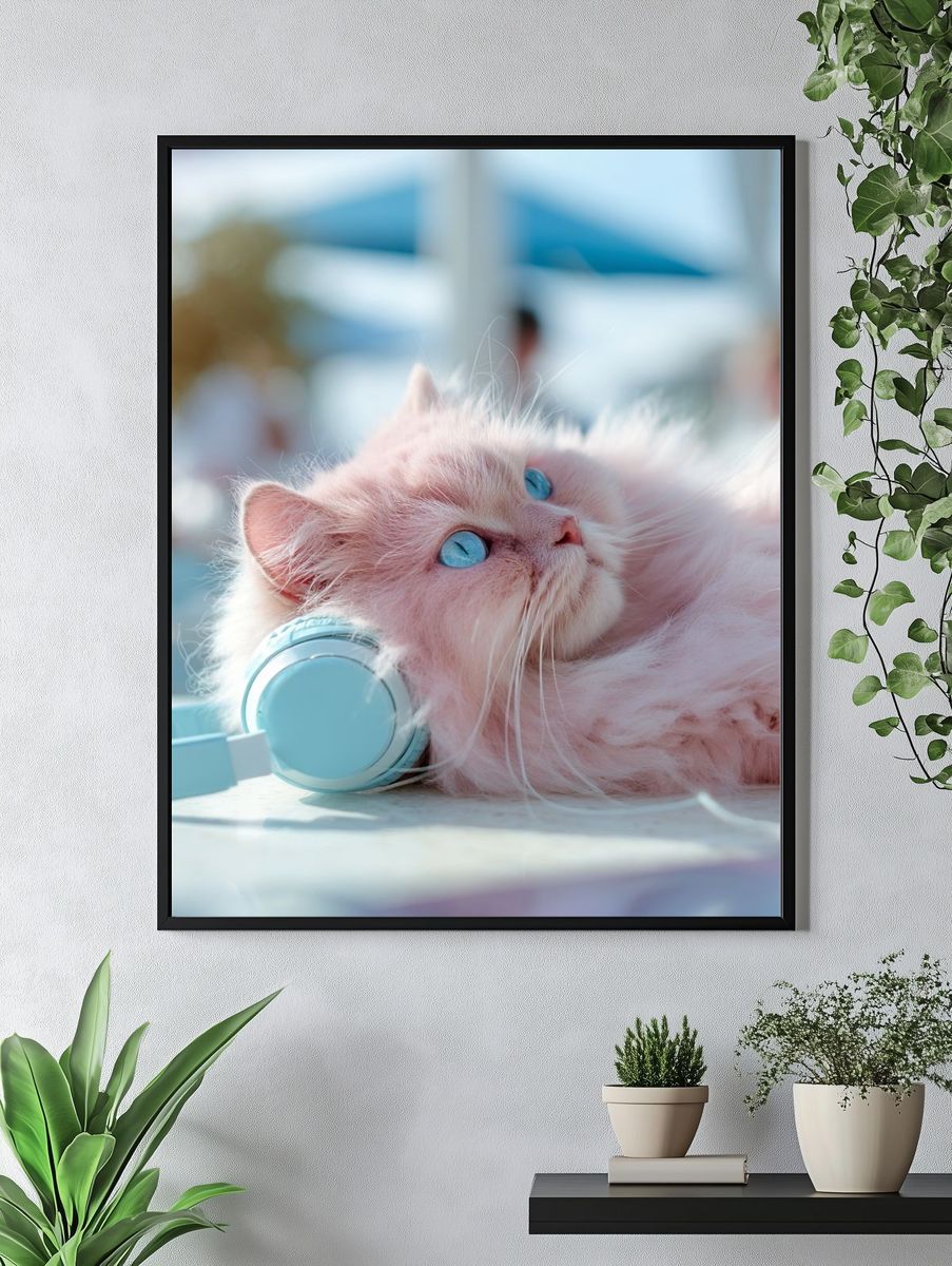 Pink Cat with Headphones Photography Poster. — room view 4