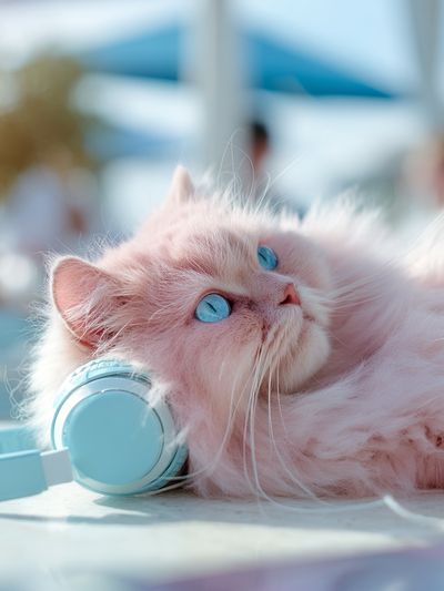 Pink Cat with Headphones Photography Poster. poster print