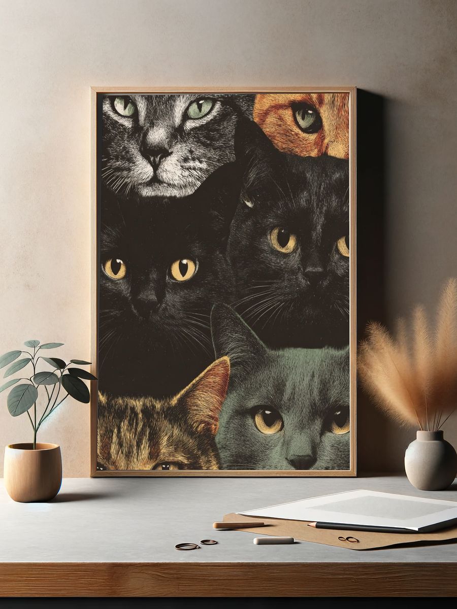 Cat Faces Illustration Poster. — room view 2
