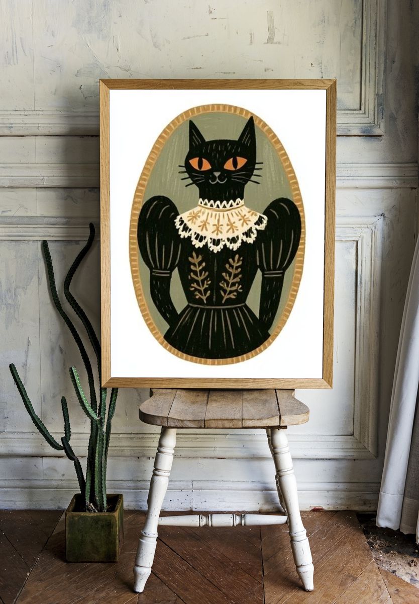 Black Cat Portrait Illustration Poster. — room view 1