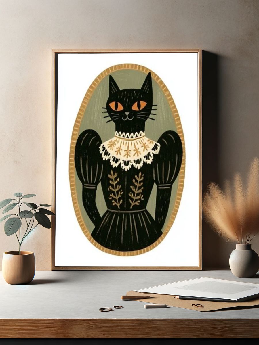 Black Cat Portrait Illustration Poster. — room view 2