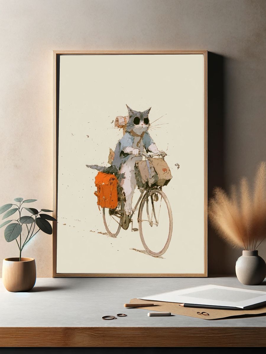 Cat on Bicycle Illustration Poster. — room view 2