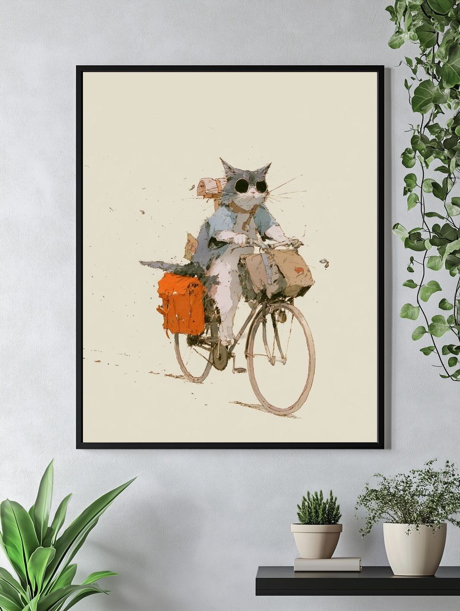 Cat on Bicycle Illustration Poster. — room view 4