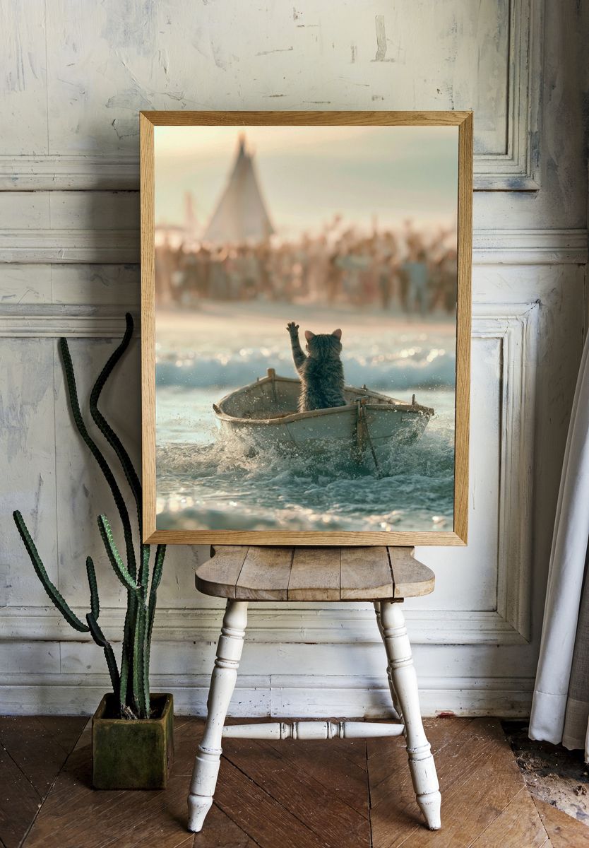 Cat in Boat Photography Poster. — room view 1