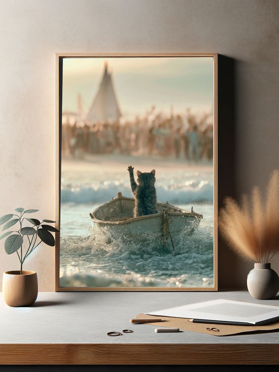 Cat in Boat Photography Poster. — room view 2