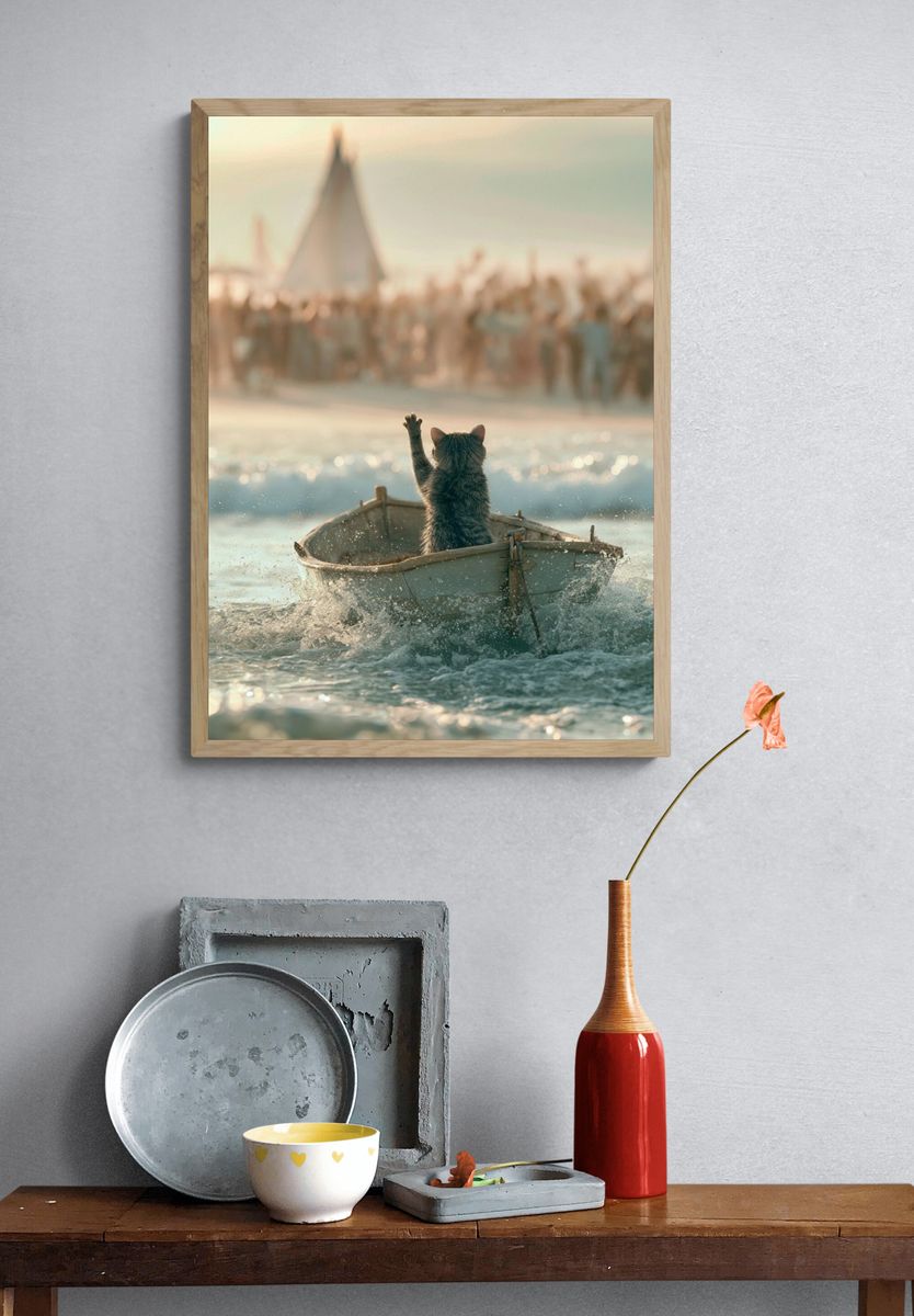 Cat in Boat Photography Poster. — room view 3