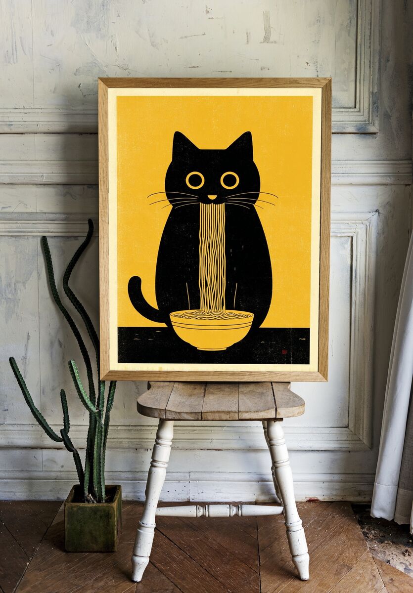 Cat with Noodles — Illustration Print. — room view 1