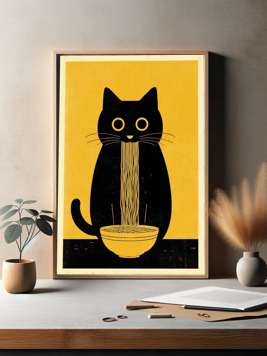 Cat with Noodles — Illustration Print. — room view 2