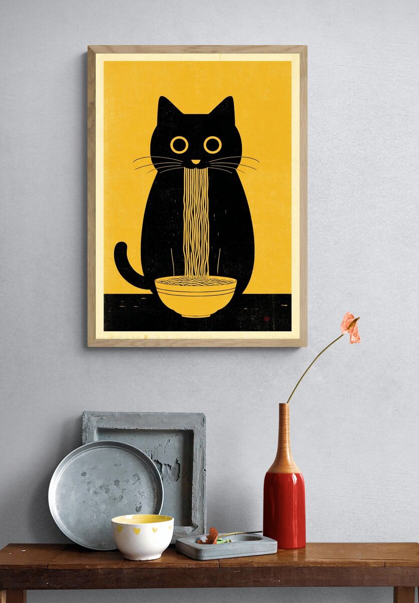 Cat with Noodles — Illustration Print. — room view 3