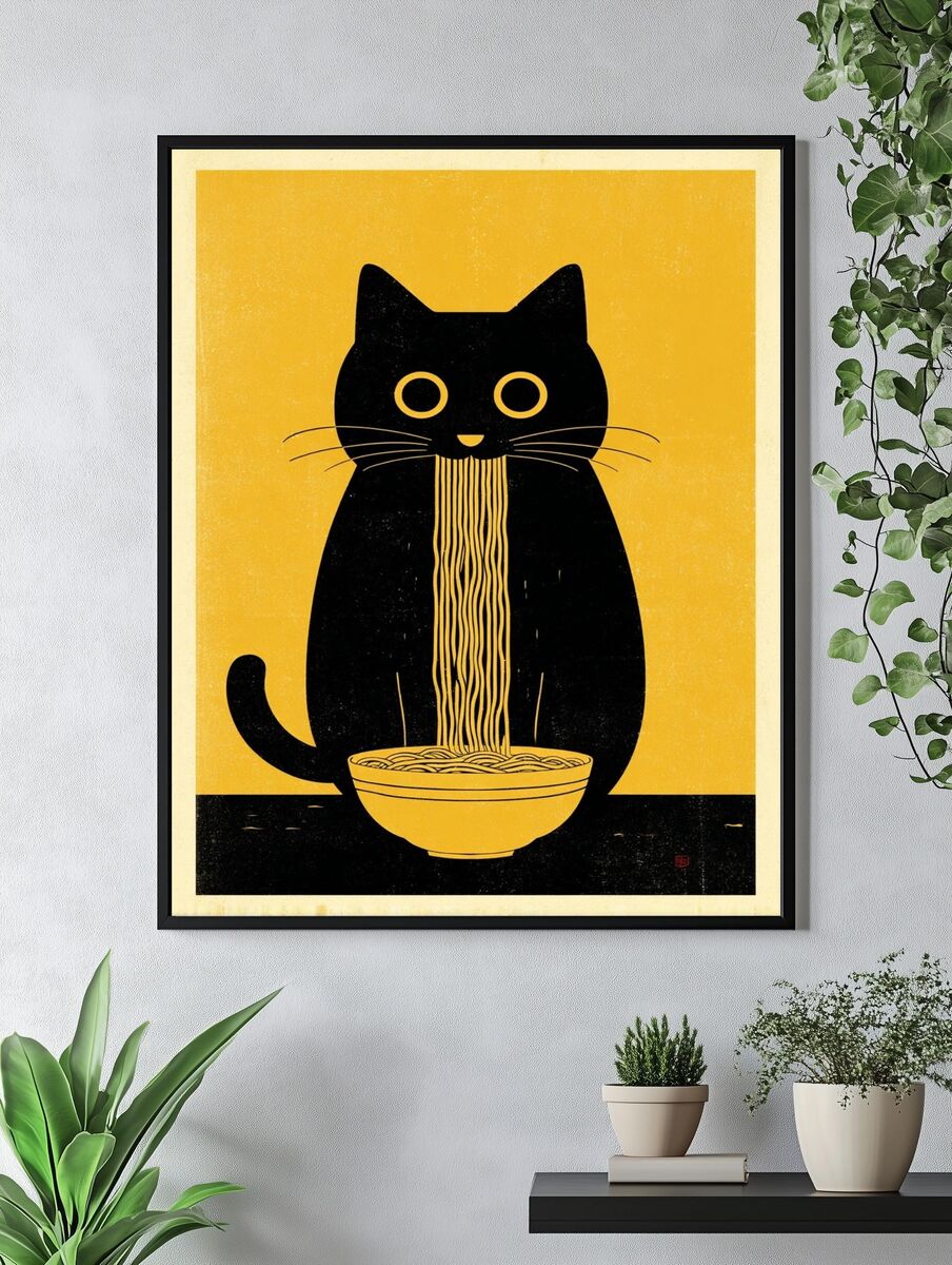 Cat with Noodles — Illustration Print. — room view 4