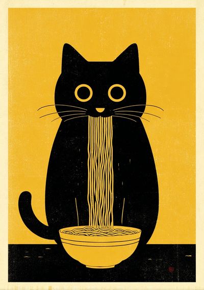 Cat with Noodles — Illustration Print. poster
