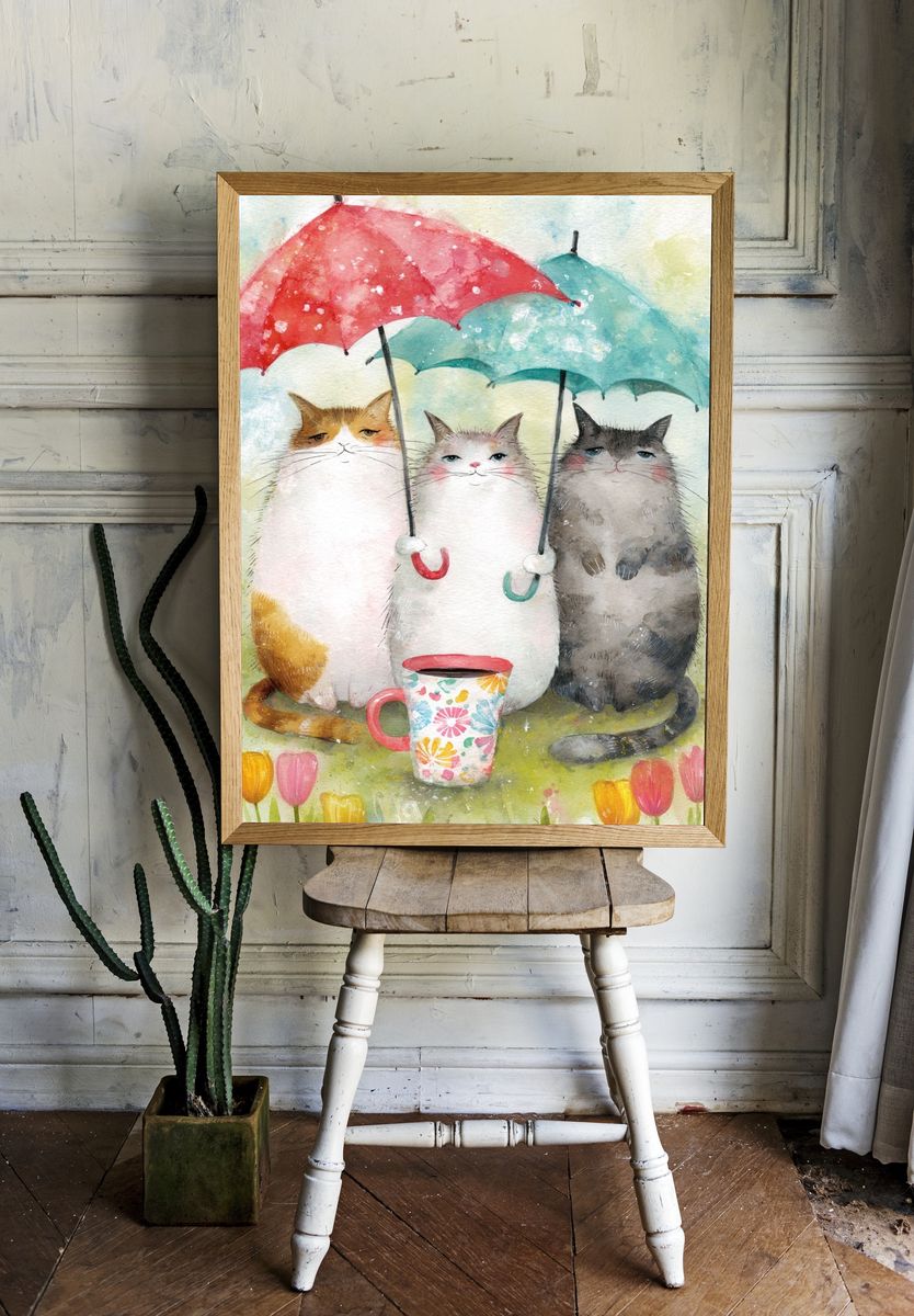 Cats with Umbrellas — Watercolor Print. — room view 1