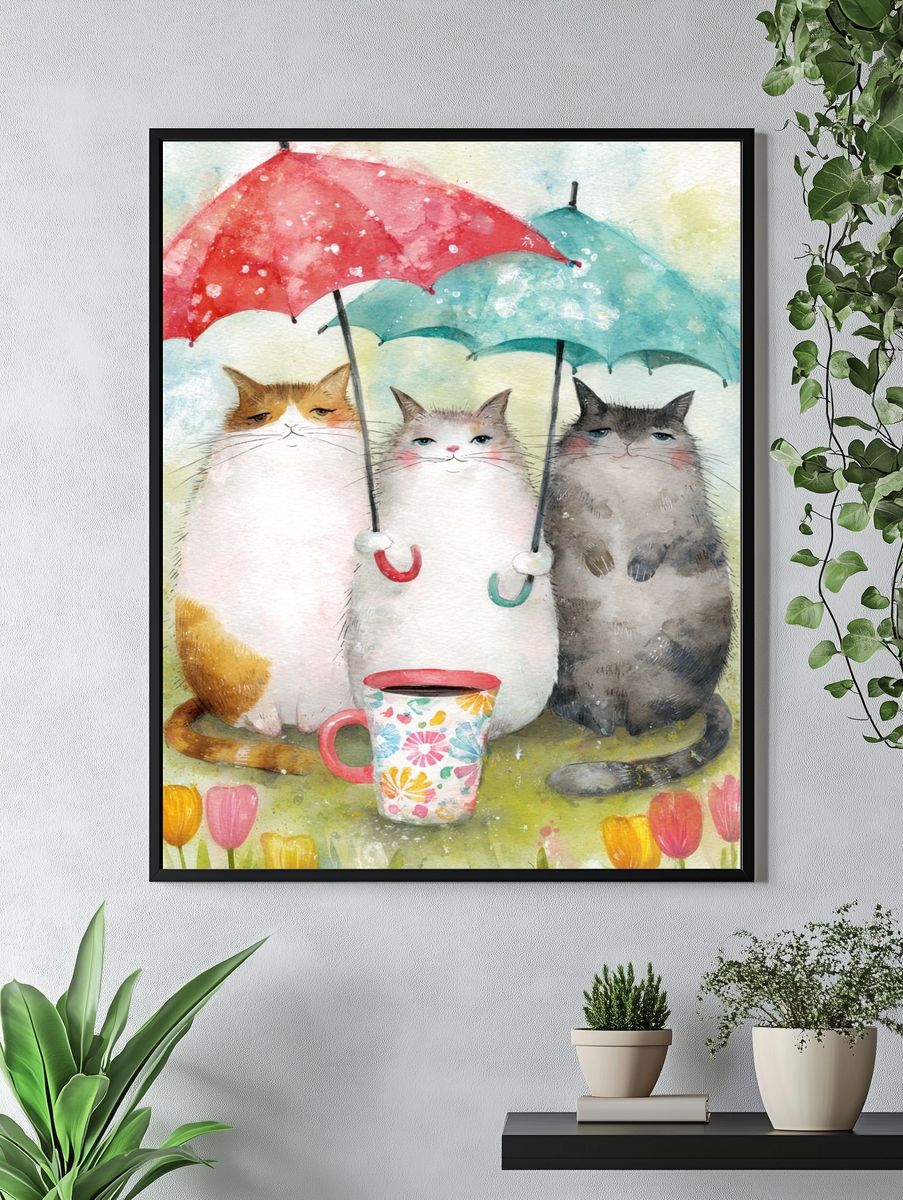 Cats with Umbrellas — Watercolor Print. — room view 4