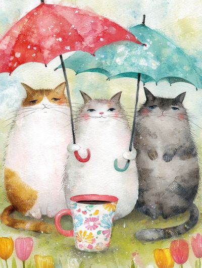 Cats with Umbrellas — Watercolor Print. poster print