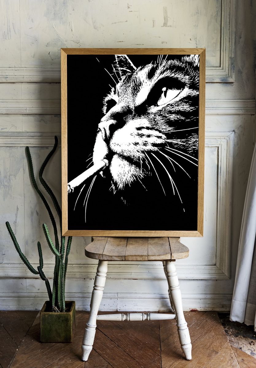 Smoking Cat Portrait Print. room preview