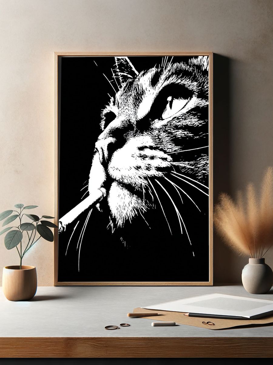 Smoking Cat Portrait Print. — room view 2