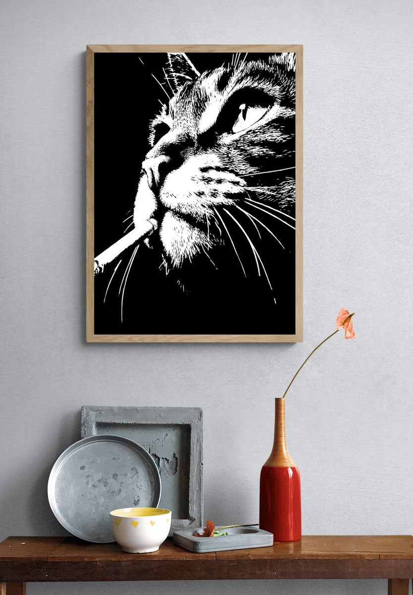 Smoking Cat Portrait Print. — room view 3