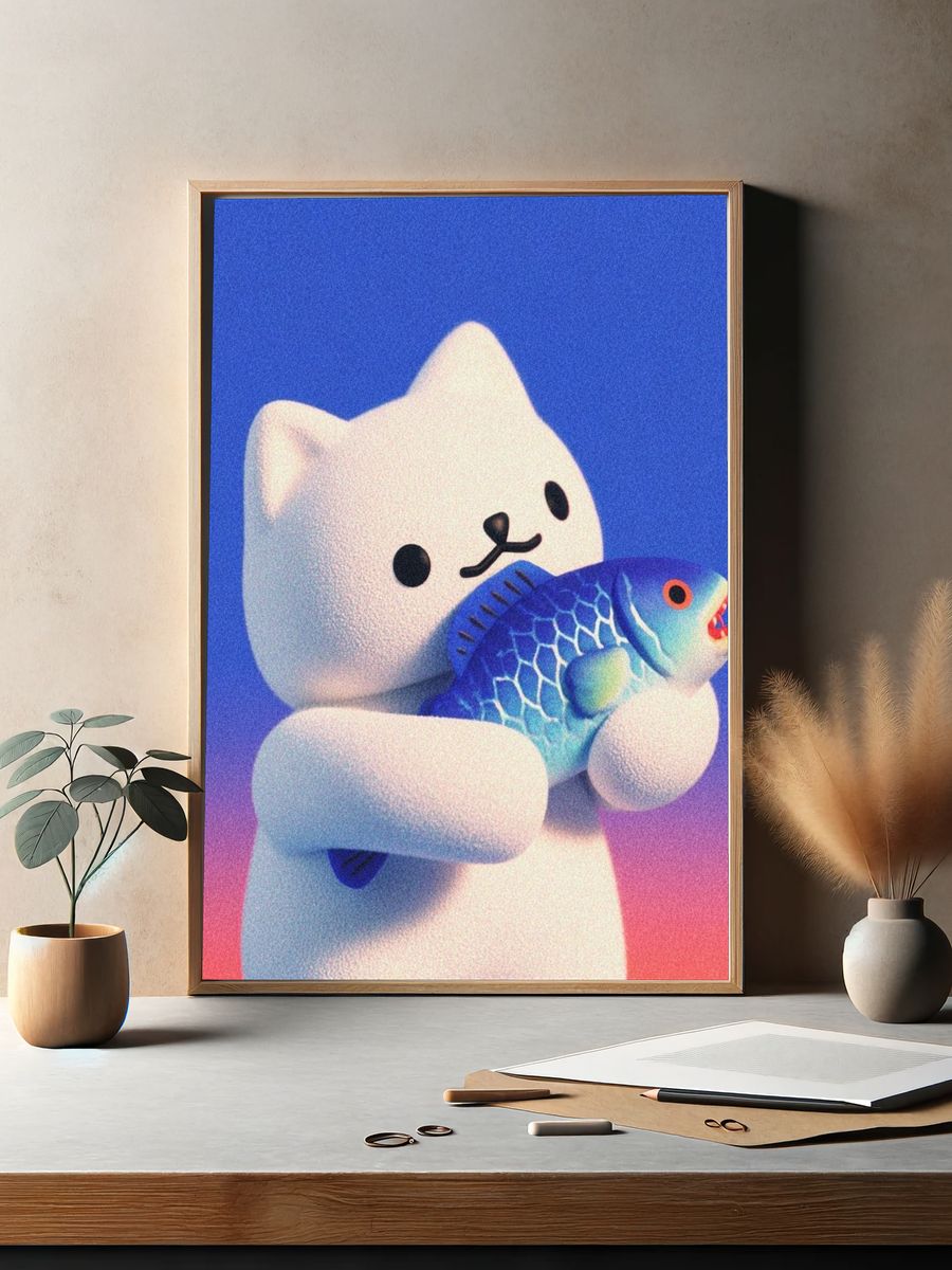 Cute Cat Holding Fish — Illustration Print. — room view 2