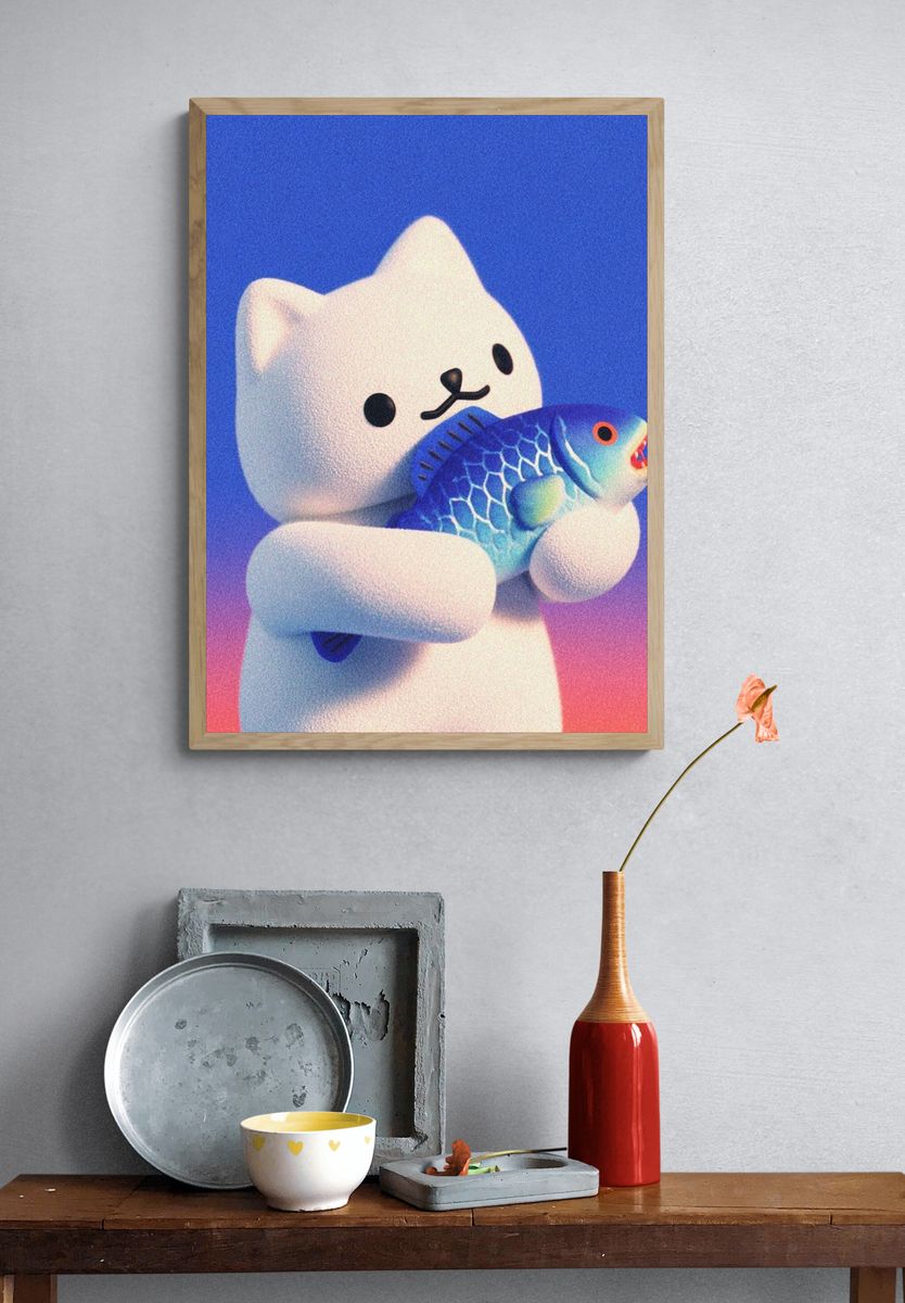 Cute Cat Holding Fish — Illustration Print. — room view 3