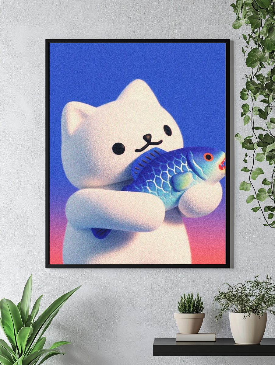 Cute Cat Holding Fish — Illustration Print. — room view 4