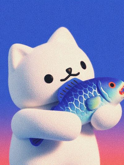 Cute Cat Holding Fish — Illustration Print. poster print