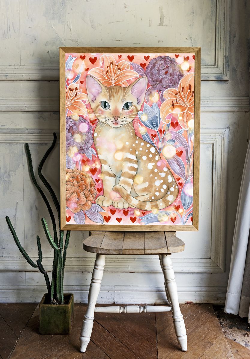 Cat and Flowers Watercolor Poster. room preview