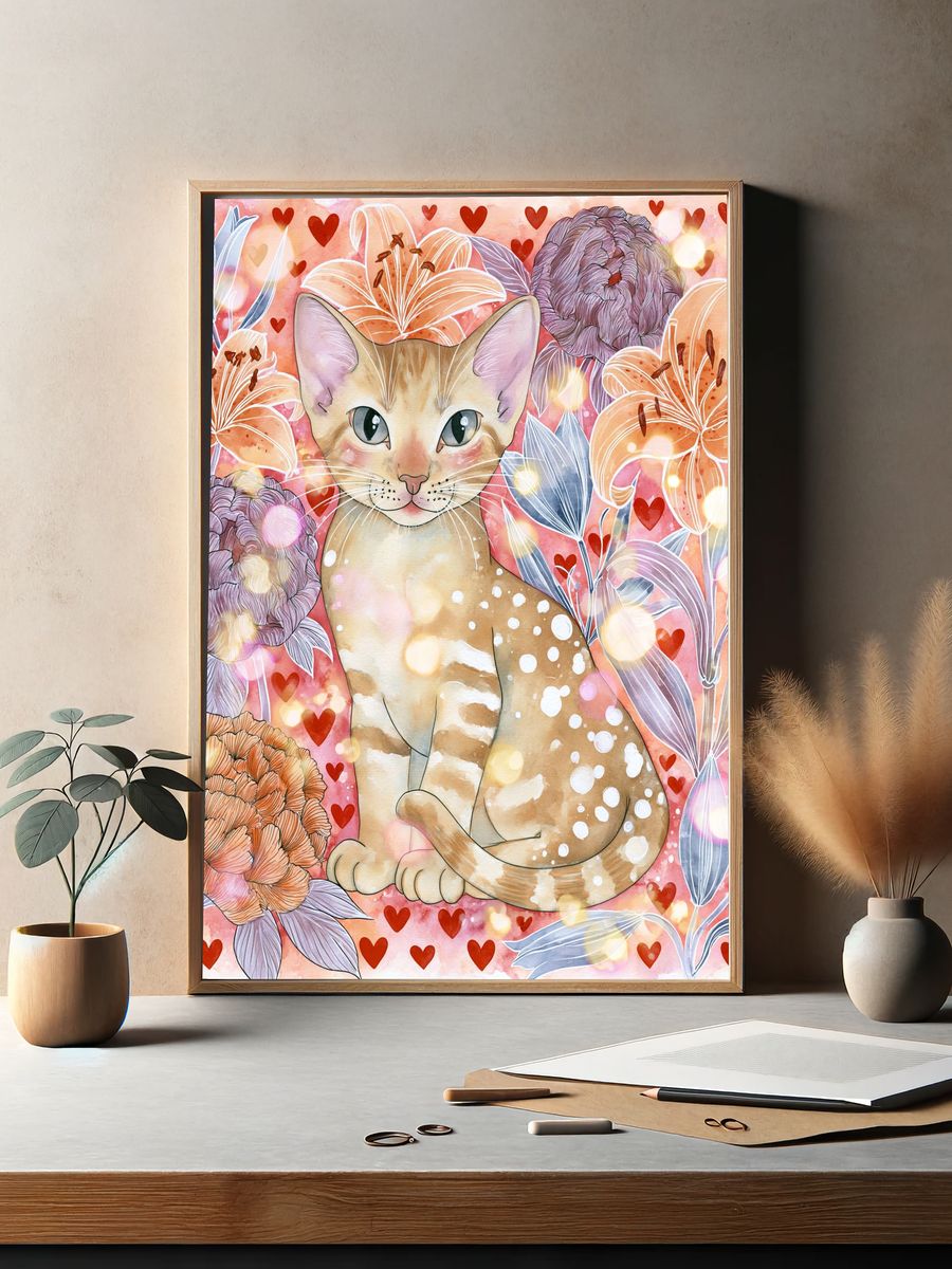 Cat and Flowers Watercolor Poster. — room view 2
