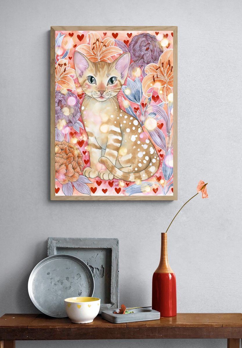 Cat and Flowers Watercolor Poster. — room view 3