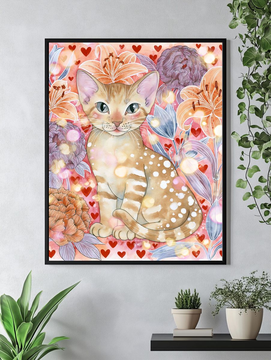 Cat and Flowers Watercolor Poster. — room view 4