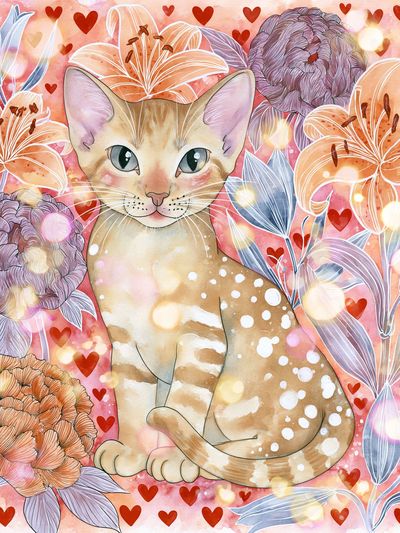 Cat and Flowers Watercolor Poster. poster