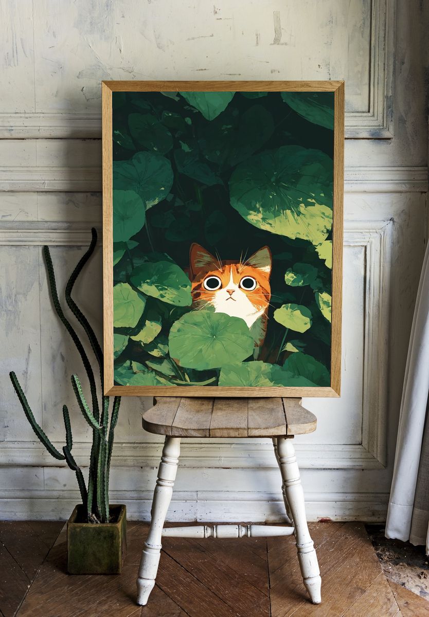 Curious Cat in Green Leaves — Illustration Print. — room view 1
