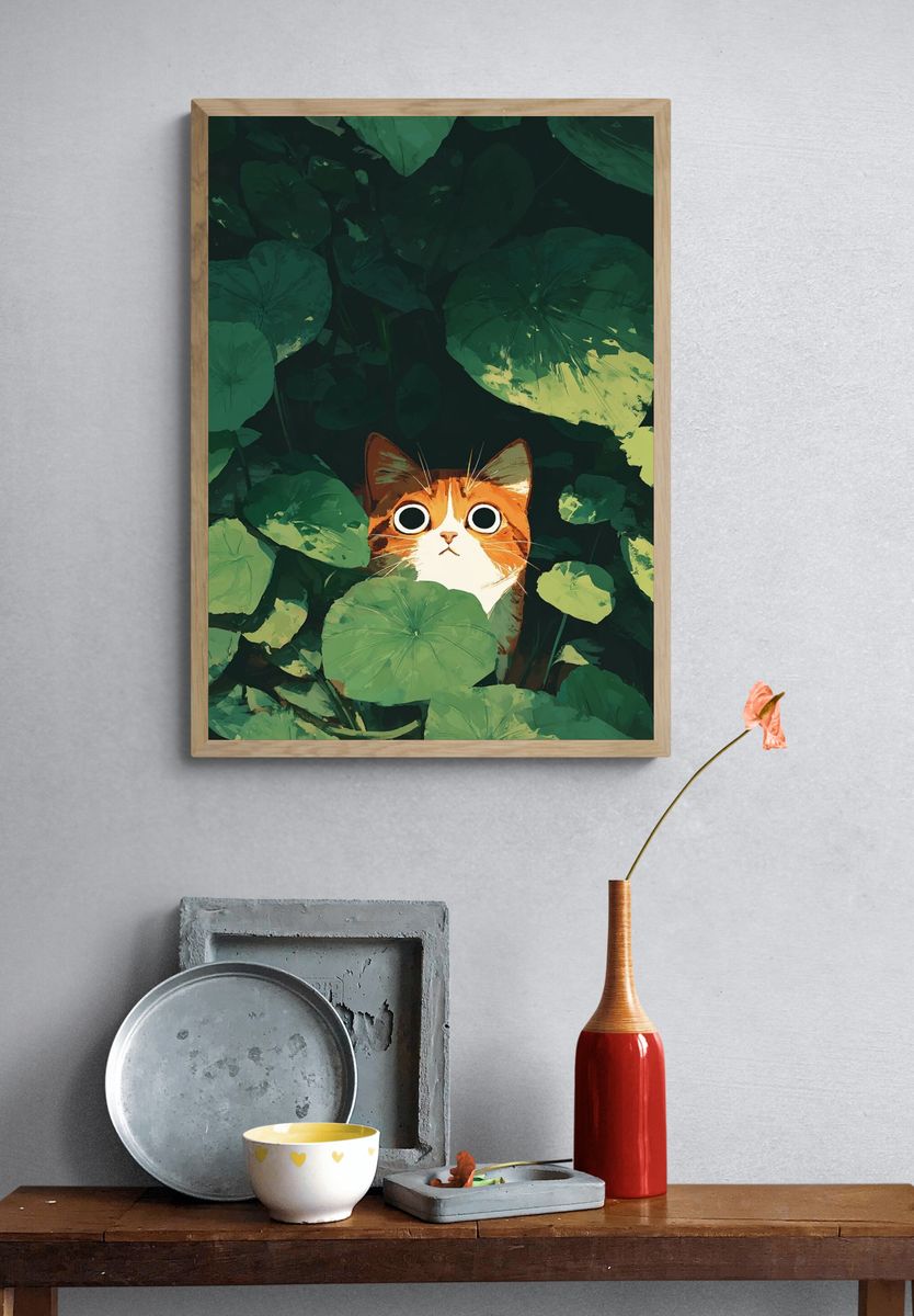 Curious Cat in Green Leaves — Illustration Print. — room view 3