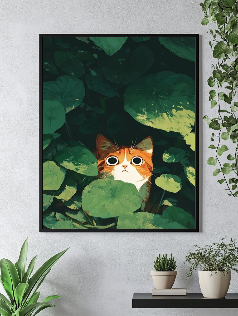 Curious Cat in Green Leaves — Illustration Print. — room view 4