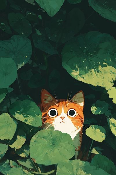 Curious Cat in Green Leaves — Illustration Print. poster print