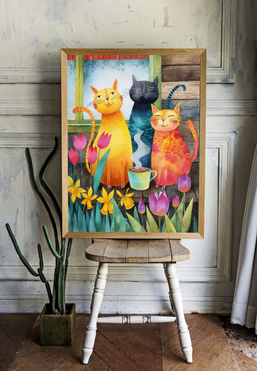 Whimsical Cats Watercolor Poster. — room view 1