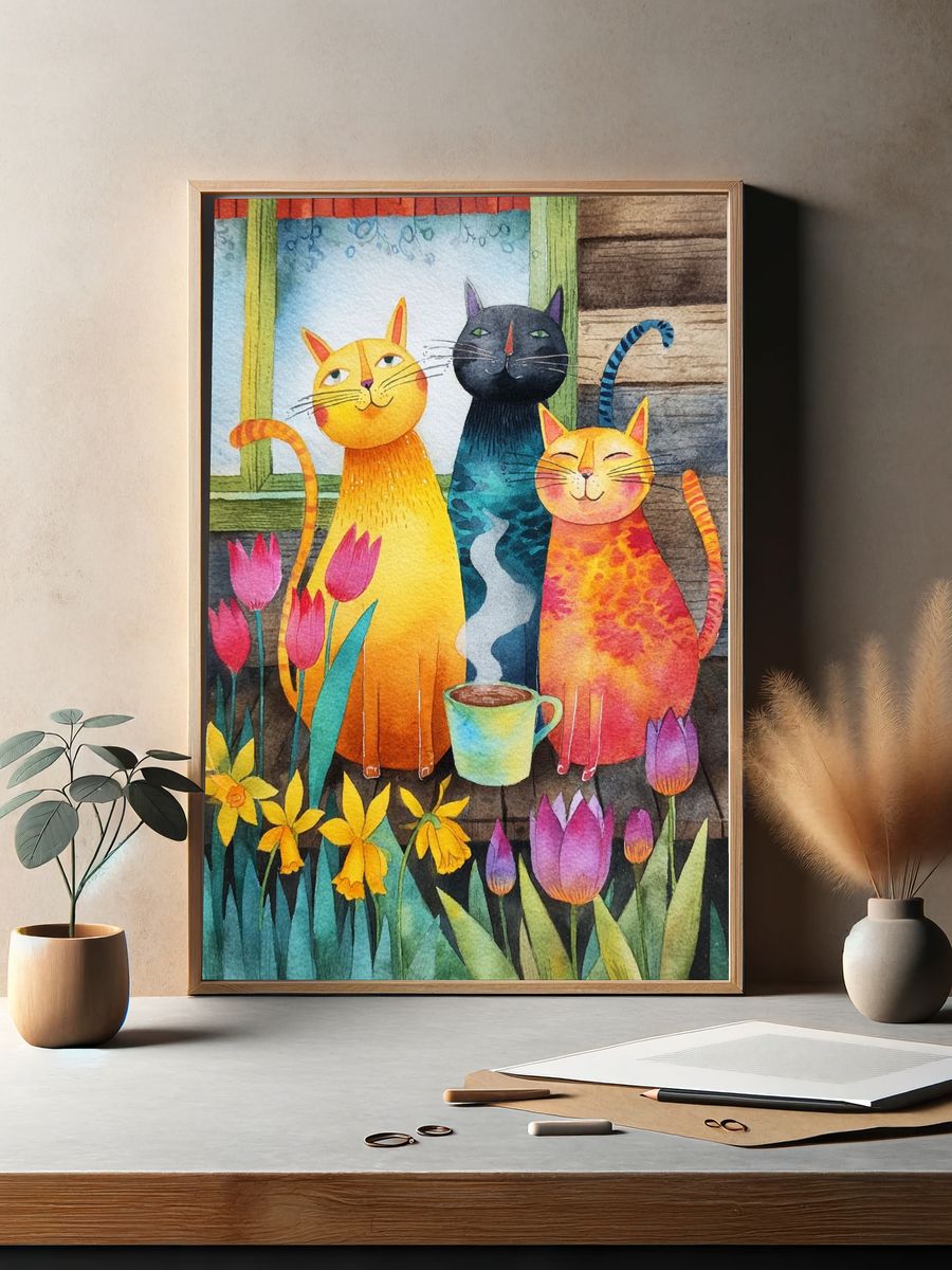 Whimsical Cats Watercolor Poster. — room view 2