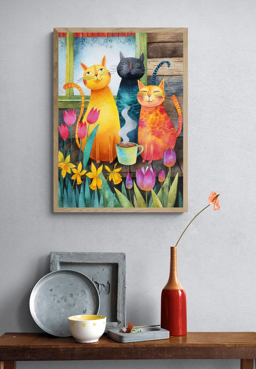 Whimsical Cats Watercolor Poster. — room view 3