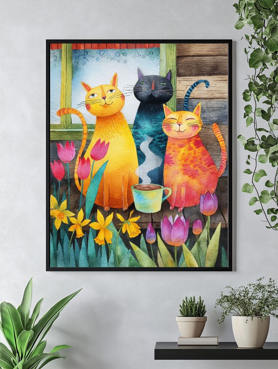 Whimsical Cats Watercolor Poster. — room view 4
