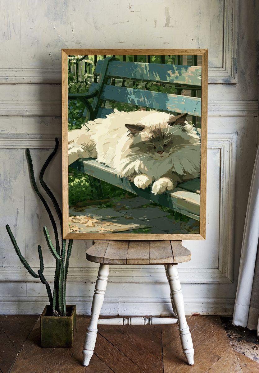 Fluffy Cat on Garden Bench Poster. — room view 1