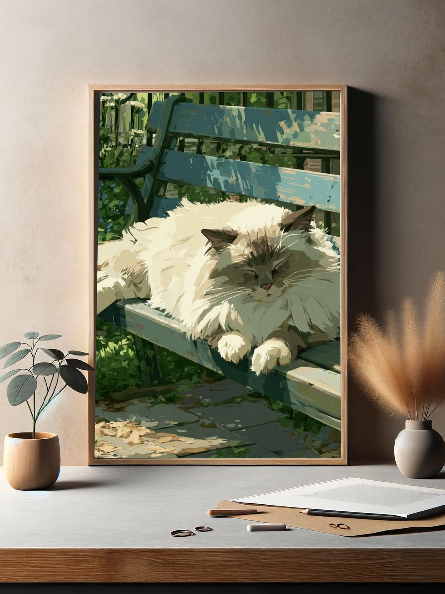 Fluffy Cat on Garden Bench Poster. — room view 2
