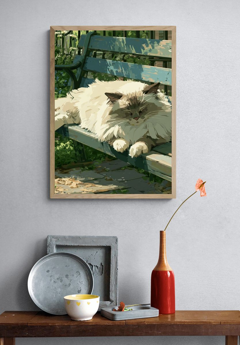 Fluffy Cat on Garden Bench Poster. — room view 3