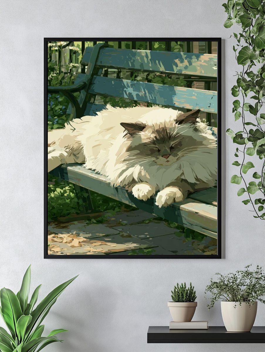 Fluffy Cat on Garden Bench Poster. — room view 4