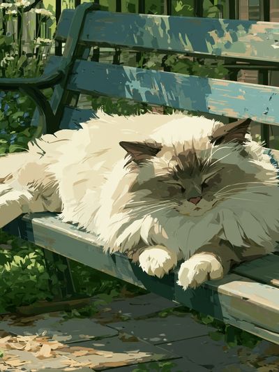 Fluffy Cat on Garden Bench Poster. poster