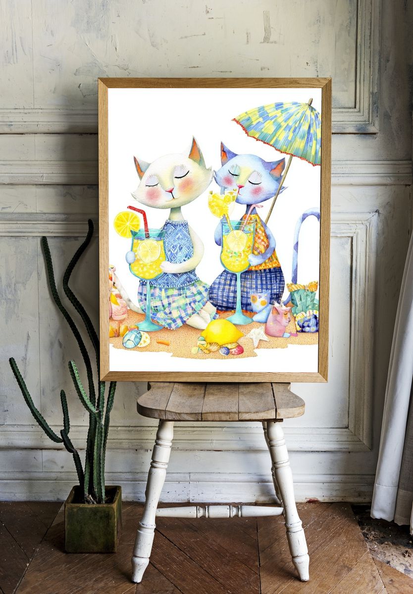 Cats Enjoying Summer Drinks — Illustration Print. — room view 1