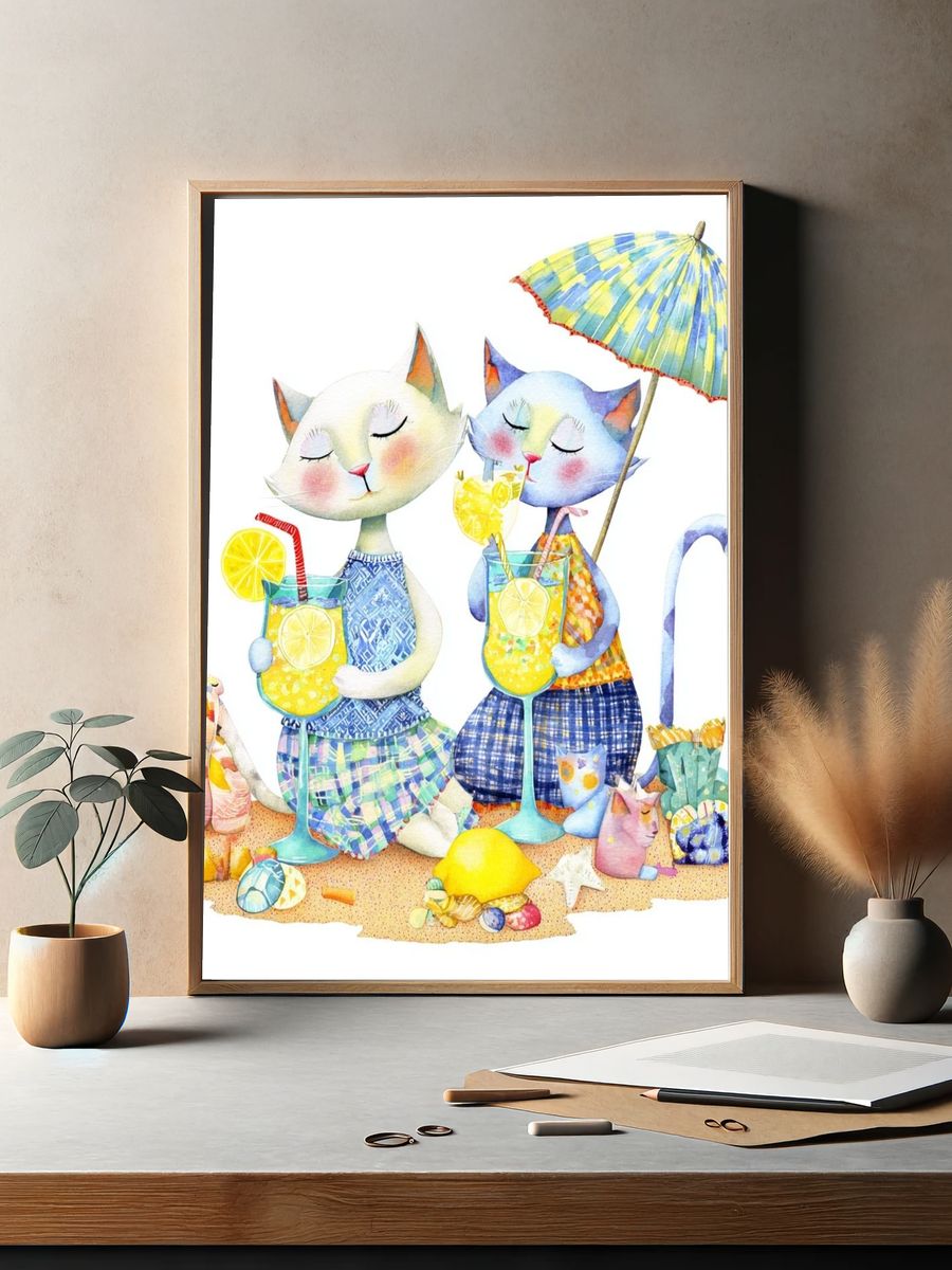 Cats Enjoying Summer Drinks — Illustration Print. — room view 2